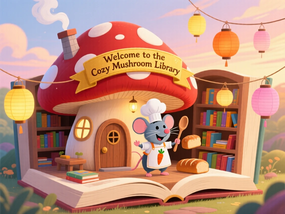 A tiny mouse chef delights in living in a house built inside a giant mushroom, tucked within a library built inside an enormous book, while little lanterns bob gently in the wind.