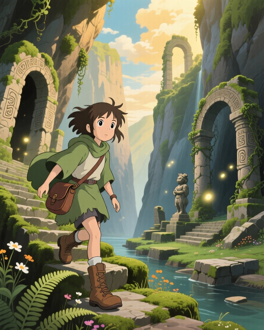 An adventurer descending into a canyon filled with ancient ruins, the moment brimming with discovery.