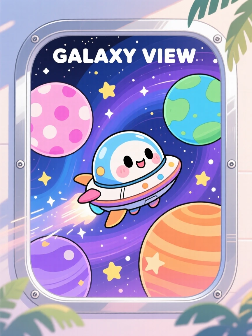 A tiny spaceship zooming playfully between colorful planets in a vibrant galaxy backdrop on a warm tropical afternoon; diffused overcast light washes over the scene as quiet contentment fills the moment. Framed through a window.