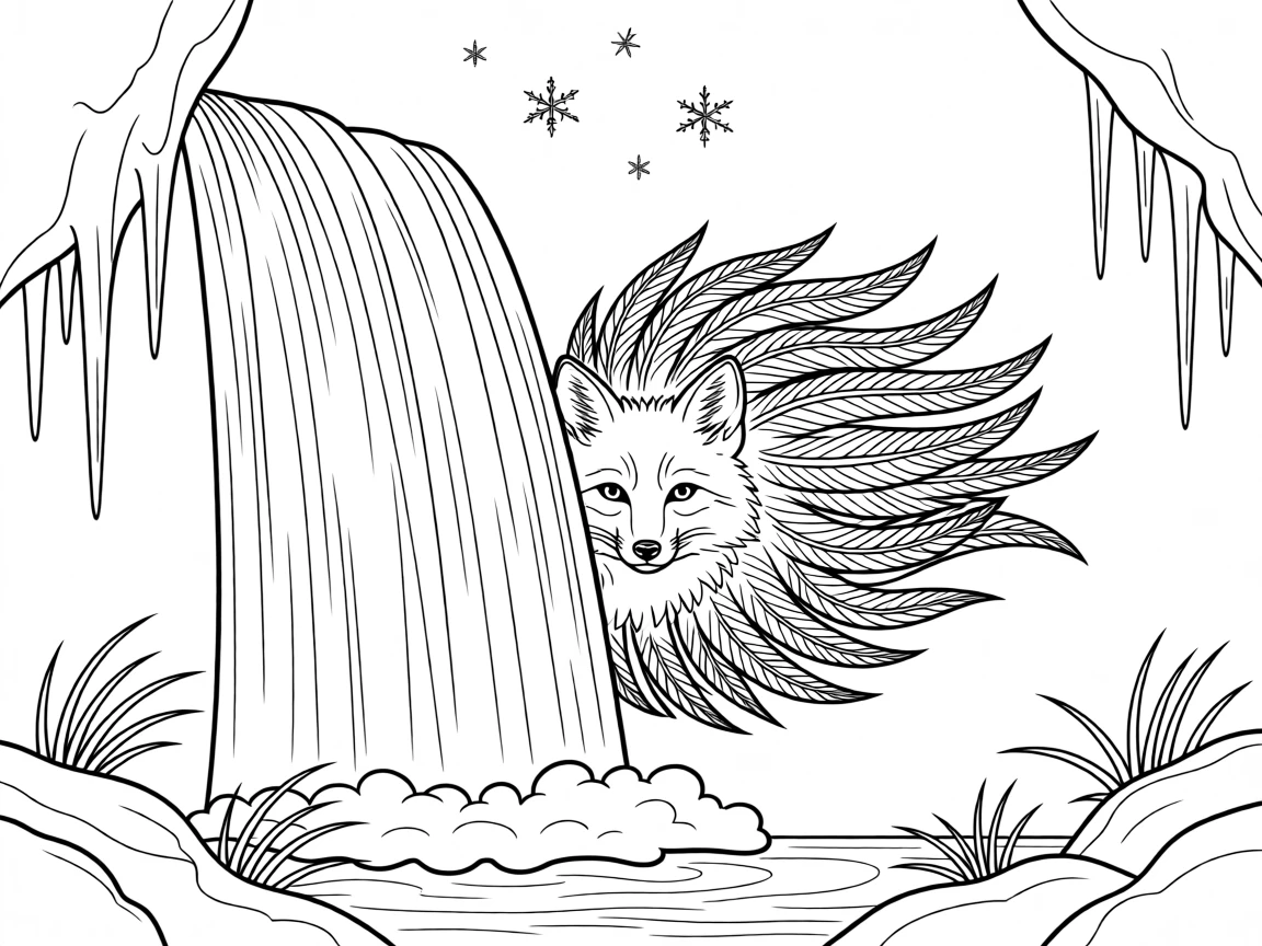 An arctic fox peeking out from behind waterfall mist, with dramatic feather detail catching the wind.