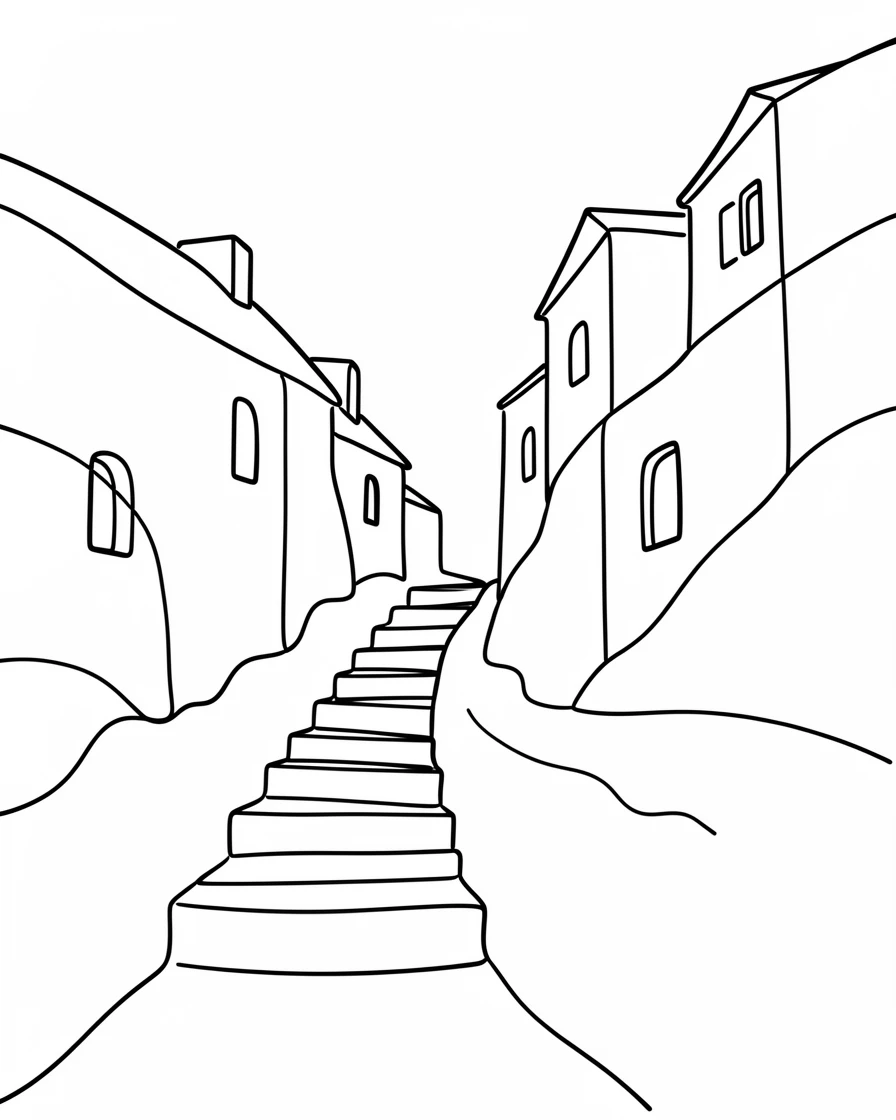 A narrow staircase street climbing between whitewashed hillside houses