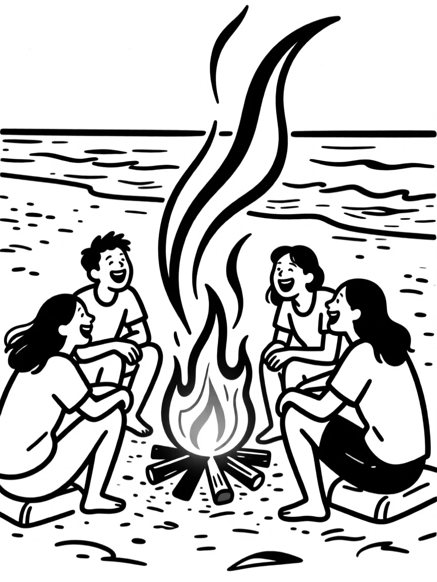 A group of friends laughing together around a bonfire at the beach.