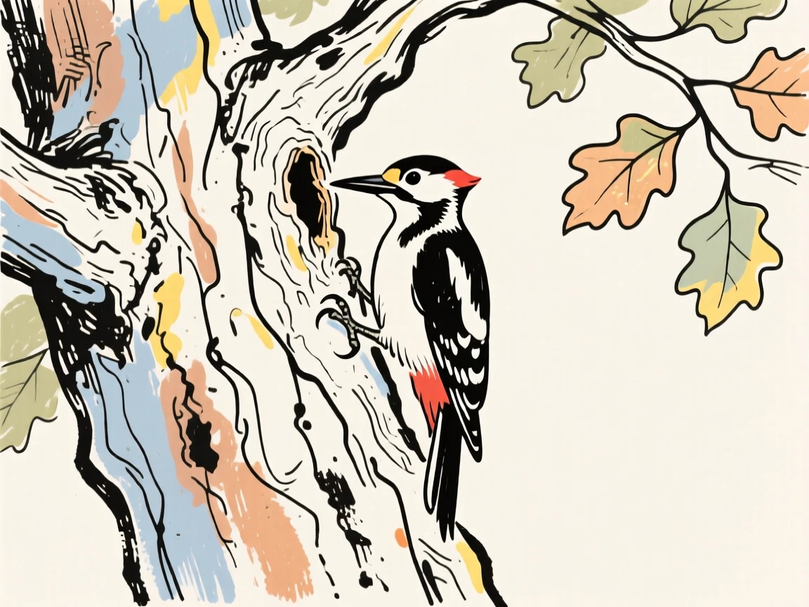 A woodpecker tapping busily on the trunk of an old oak tree.