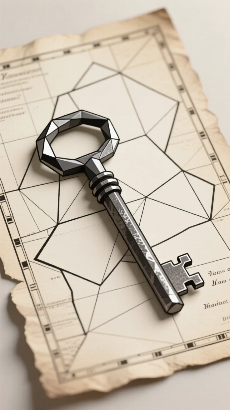 An old iron key resting on an antique map