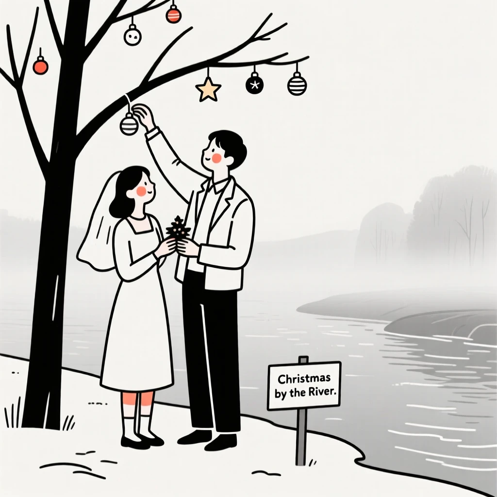 Newlyweds decorating for Christmas, on a misty riverbank.
