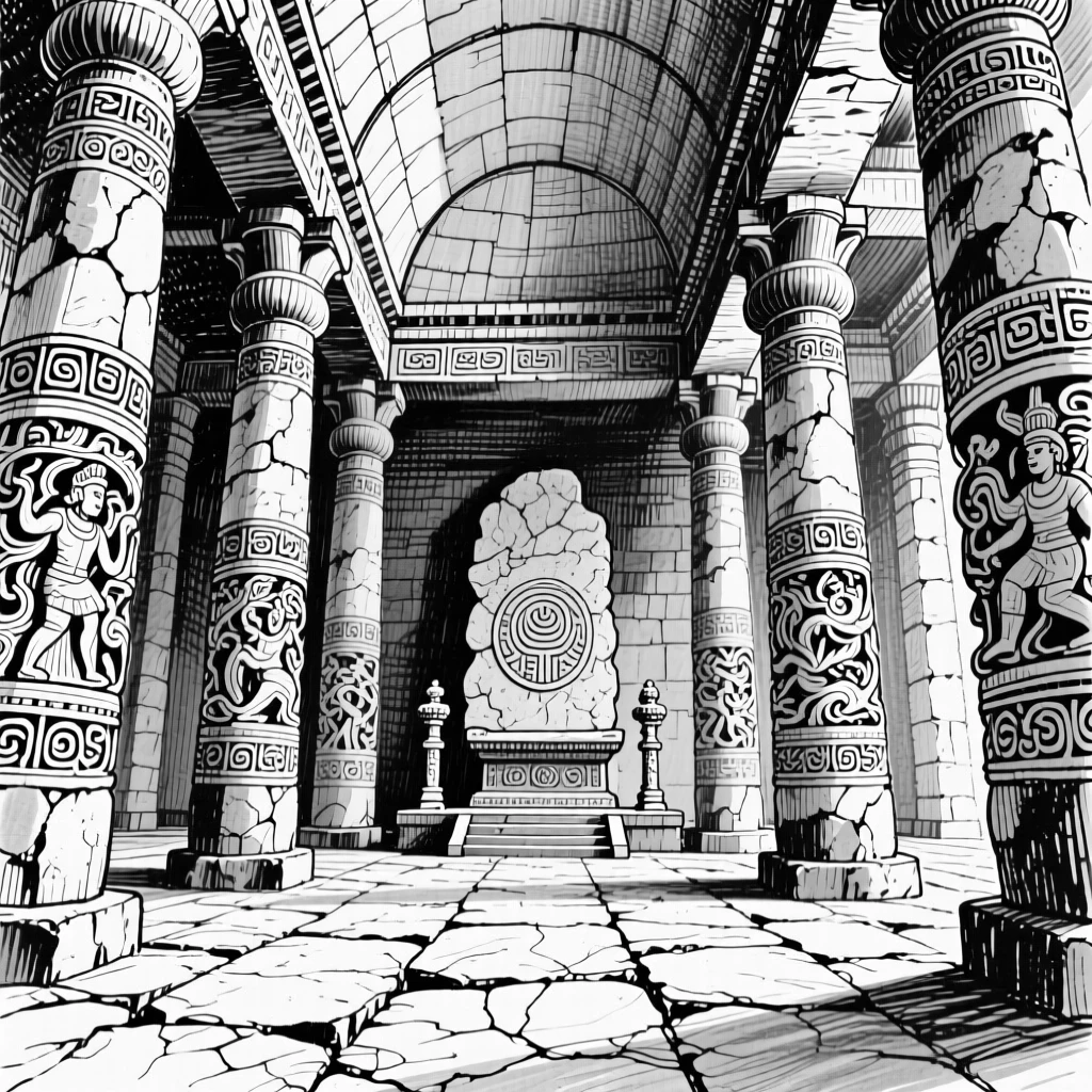 A grand ancient temple interior with towering stone pillars and carved reliefs.