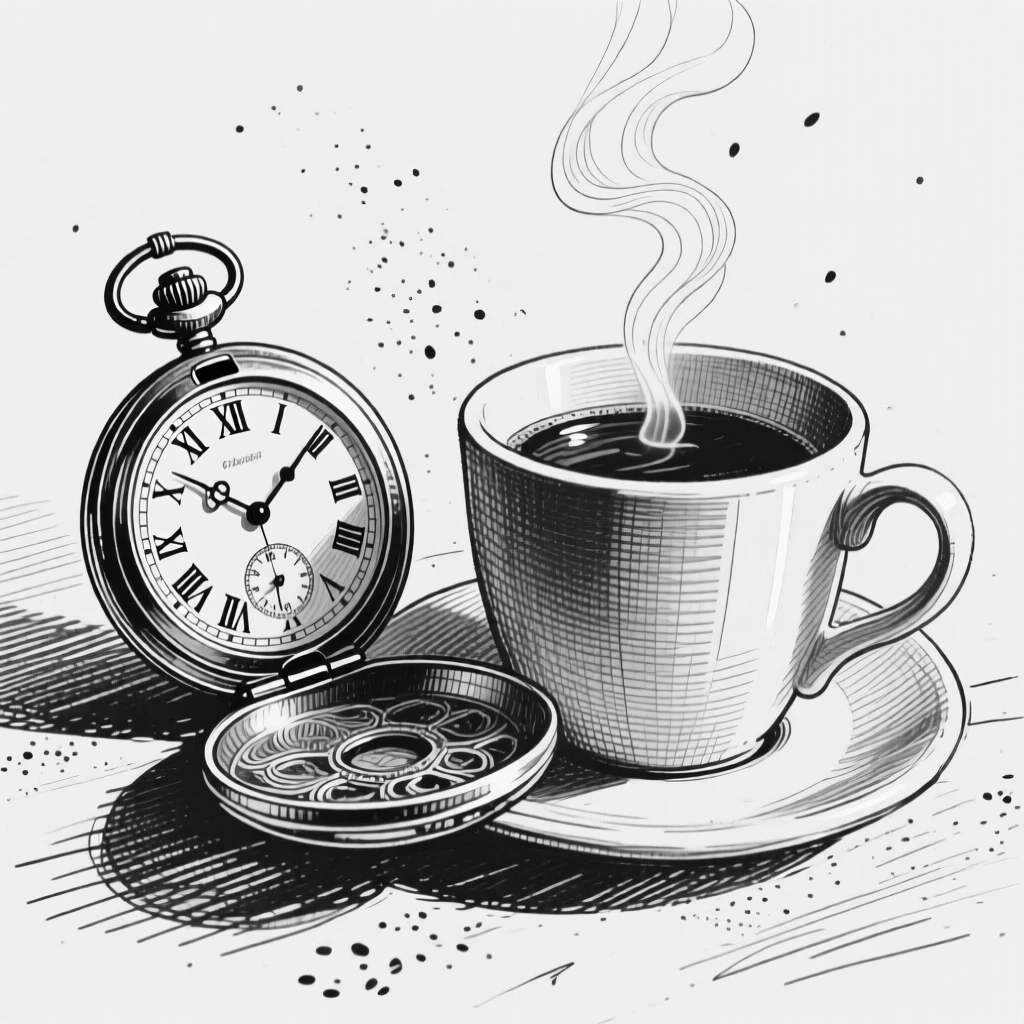 An antique pocket watch placed beside a steaming cup of coffee, with dust motes floating in a sunbeam, forming an elegantly simple still-life study.
