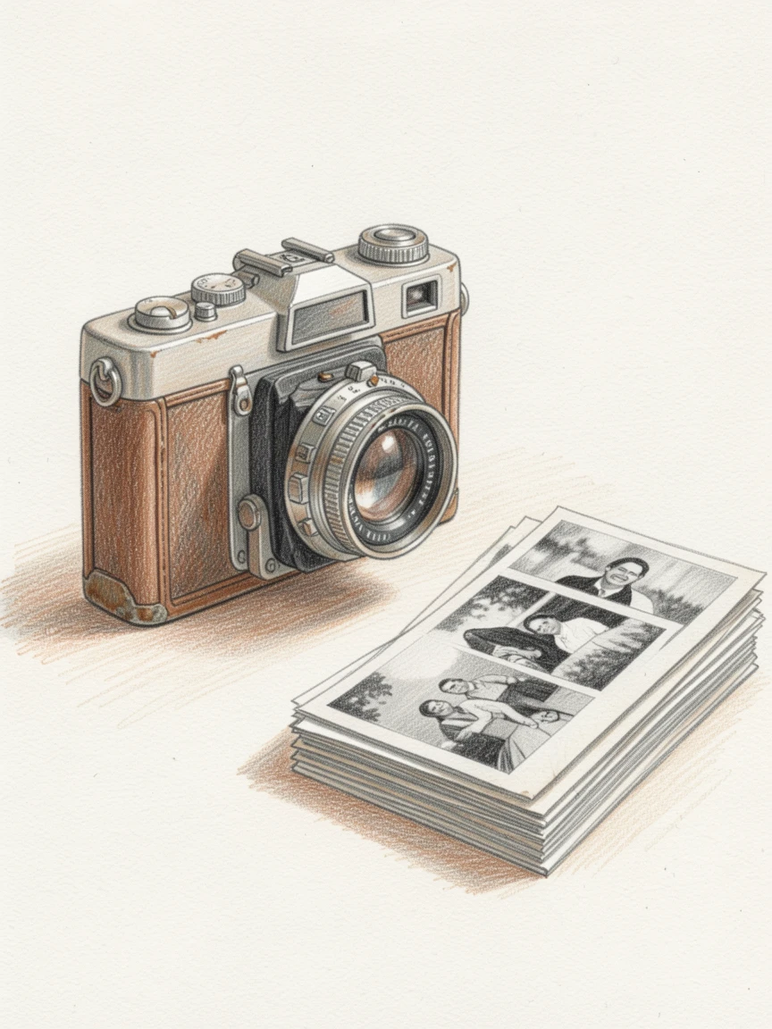 An antique camera resting beside a stack of black-and-white photographs, captured with careful, elegant composition, evoking nostalgia, charm, and quiet elegance.
