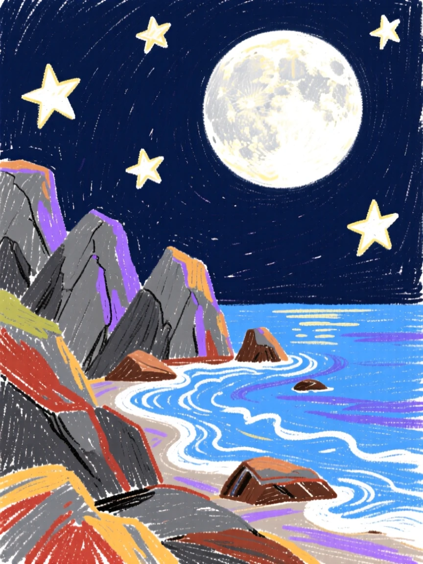 A view of a rocky coastline illuminated by a full moon on a clear night.