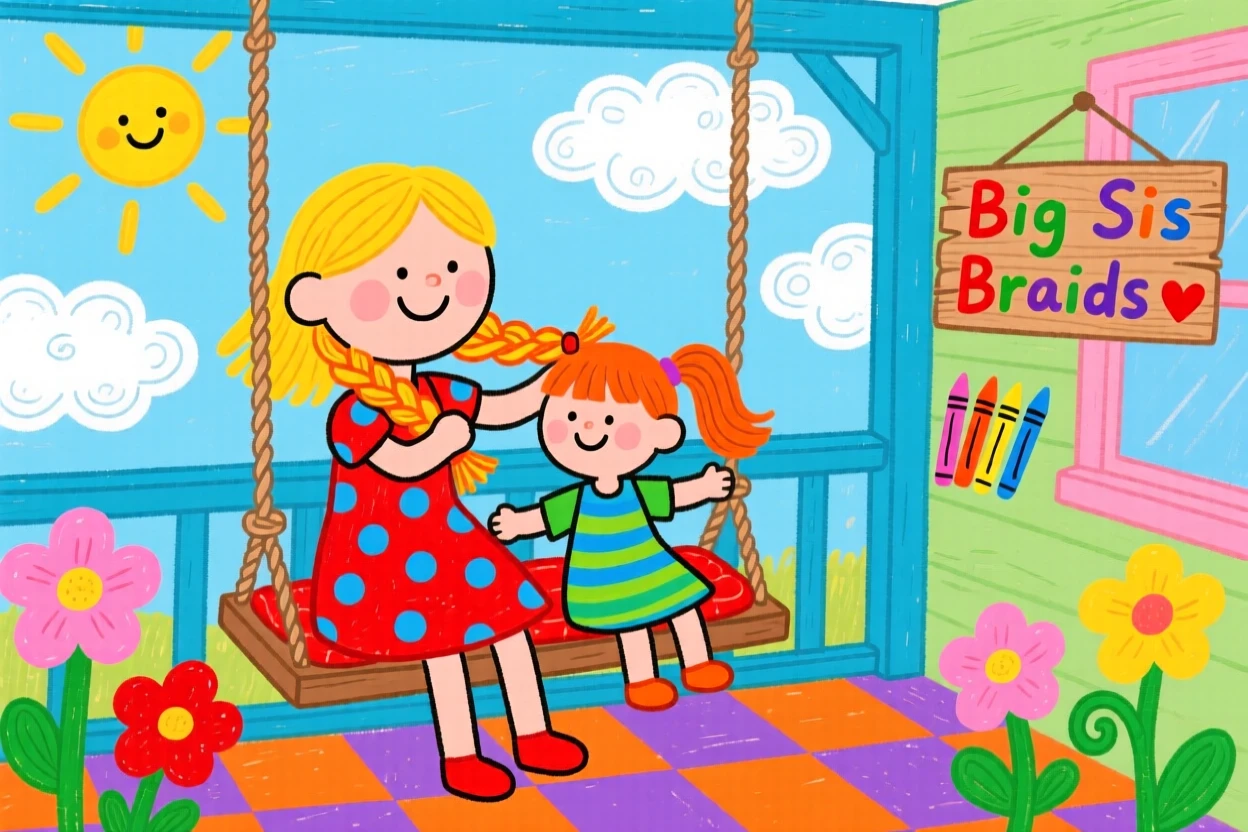 A big sister braiding her little sister's hair on a porch swing.