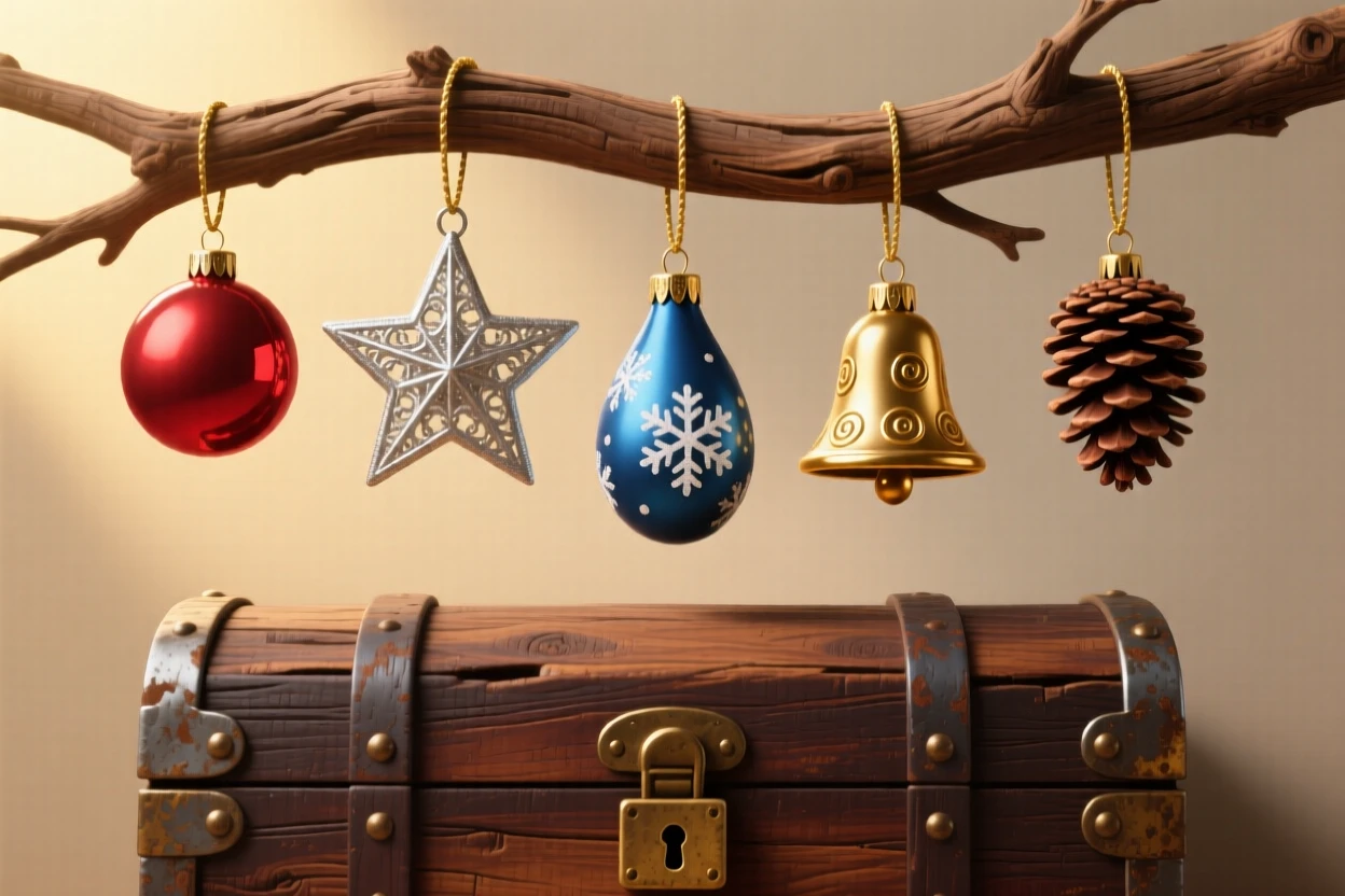 A set of holiday ornaments hanging from a wooden branch, arranged atop an antique wooden trunk, composed with a warm, nostalgic sense of stillness, with soft golden light highlighting fine craftsmanship.