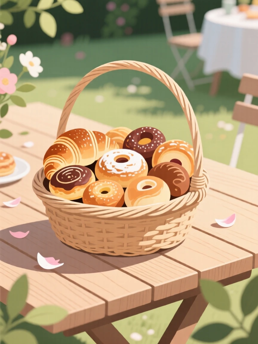 A basket of fresh pastries beautifully displayed on a wooden table at a garden party.