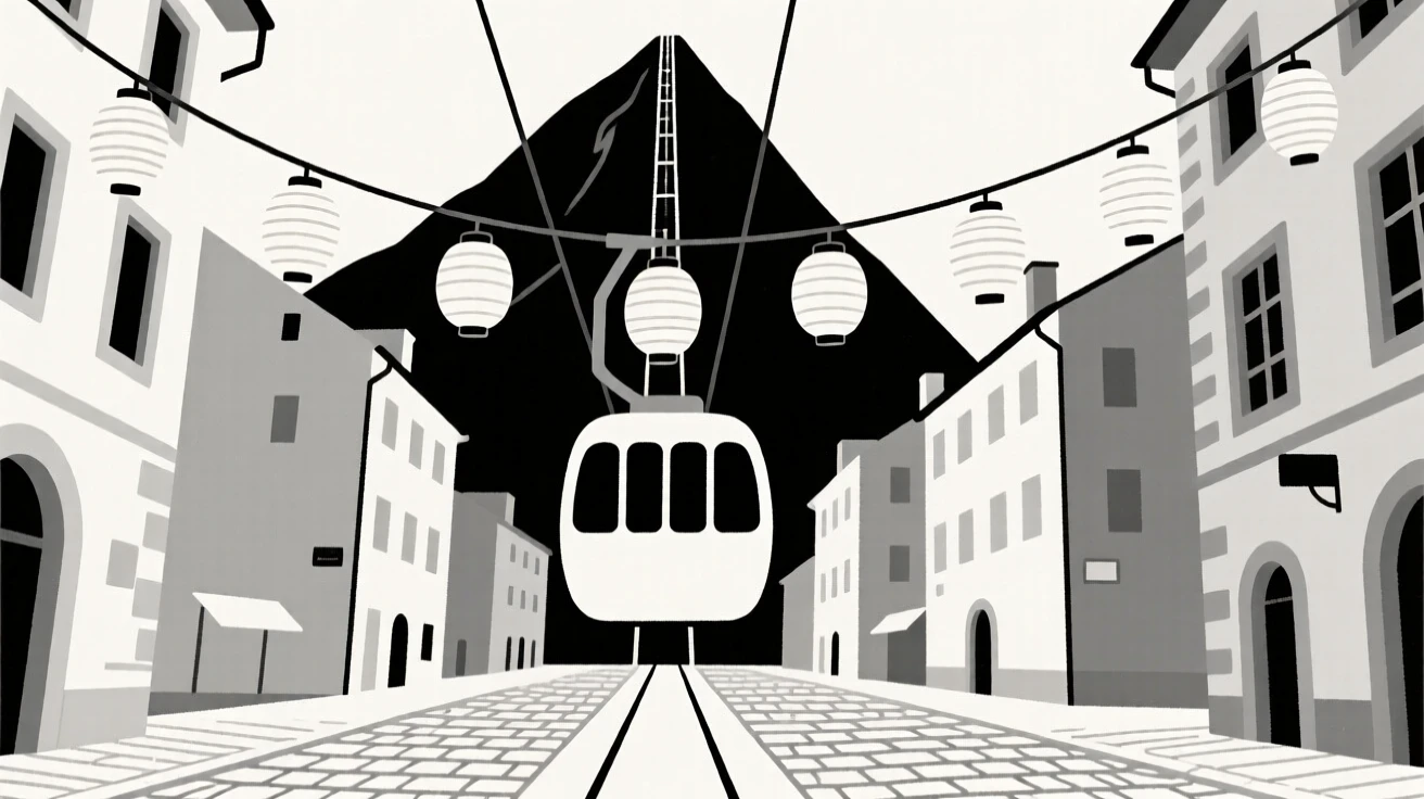 A journey through an European old town square toward a cable car climbing a peak, passing strings of paper lanterns, full of adventurous excitement.