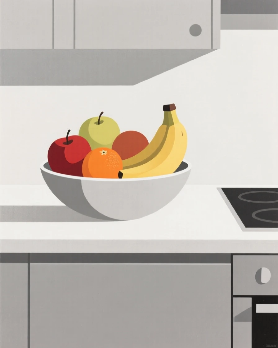 A kitchen counter with a bowl of fresh fruit