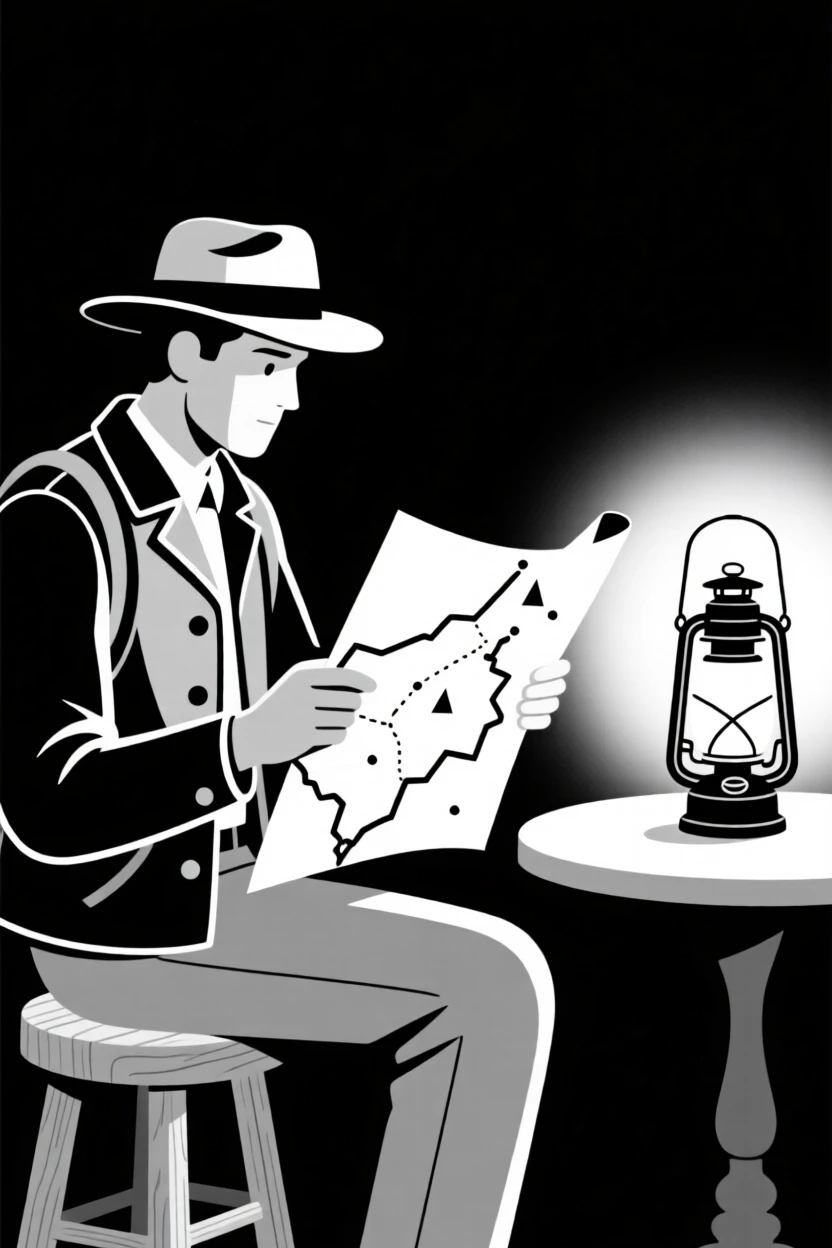 An explorer studying a map by lantern light.