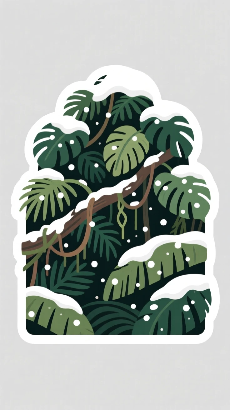 A dreamlike dense jungle canopy with hanging vines, dusted with a light layer of fresh snow, far from any city lights.