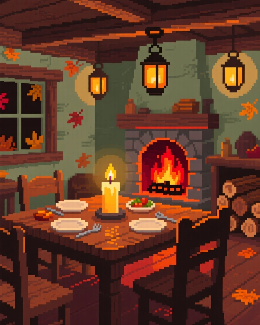 A candlelit dinner table lit by a crackling fire and hanging lanterns, in a countryside cottage during autumn.