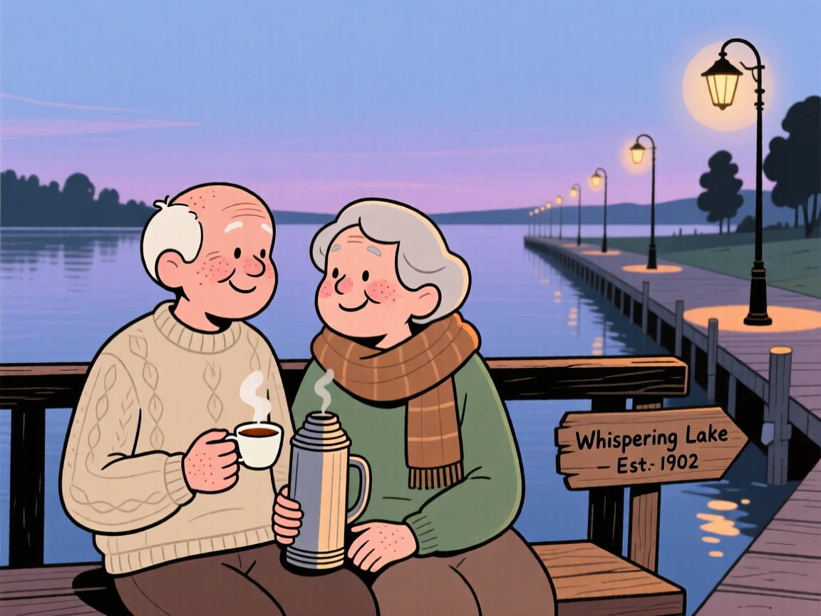 Two old friends sit on a dock railing overlooking the quiet lake, sharing a shared thermos of tea and easy laughter as the streetlights flicker on one by one.
