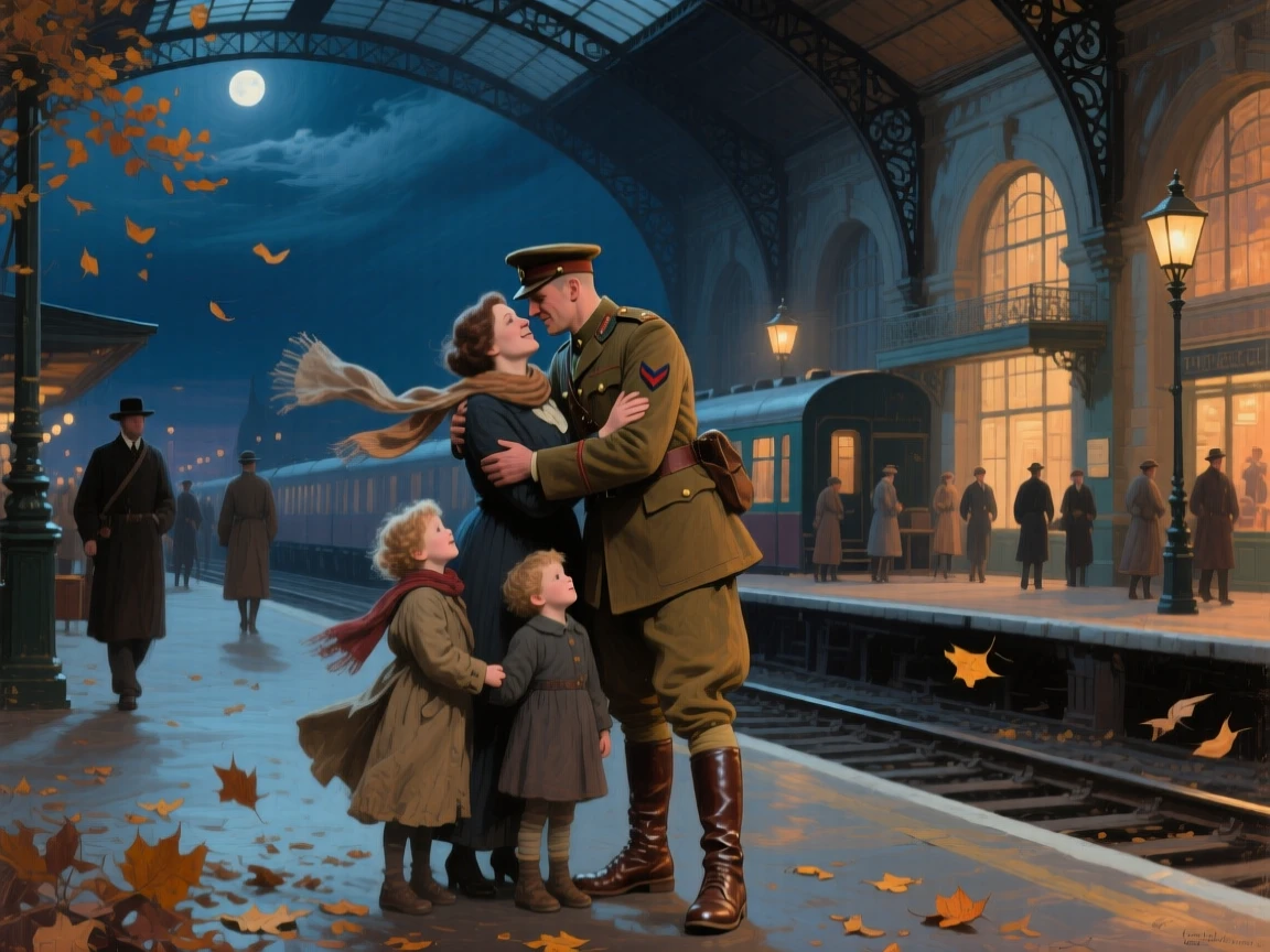 A medium shot of a soldier reuniting with his family at a bustling train station, under the night sky, amid swirling autumn wind.