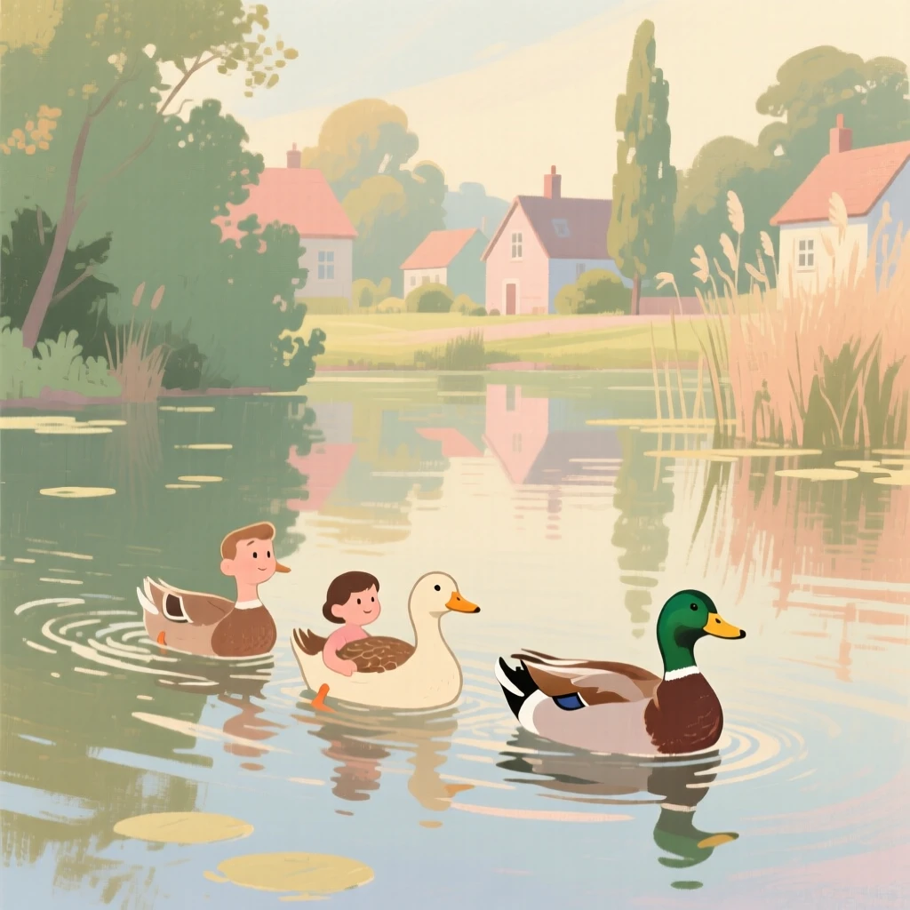 A family of ducks paddling in a row across a village pond