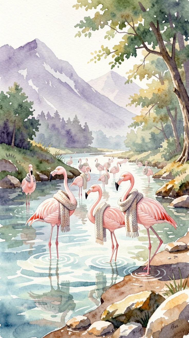 A flamingo flock wading in shallow water near a mountain stream wearing a cozy knitted scarf.