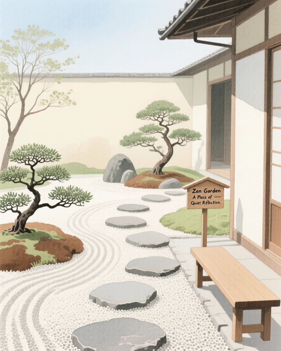 A serene view of a Zen garden courtyard, while the world remains still and quiet, evoking calm and quiet reflection