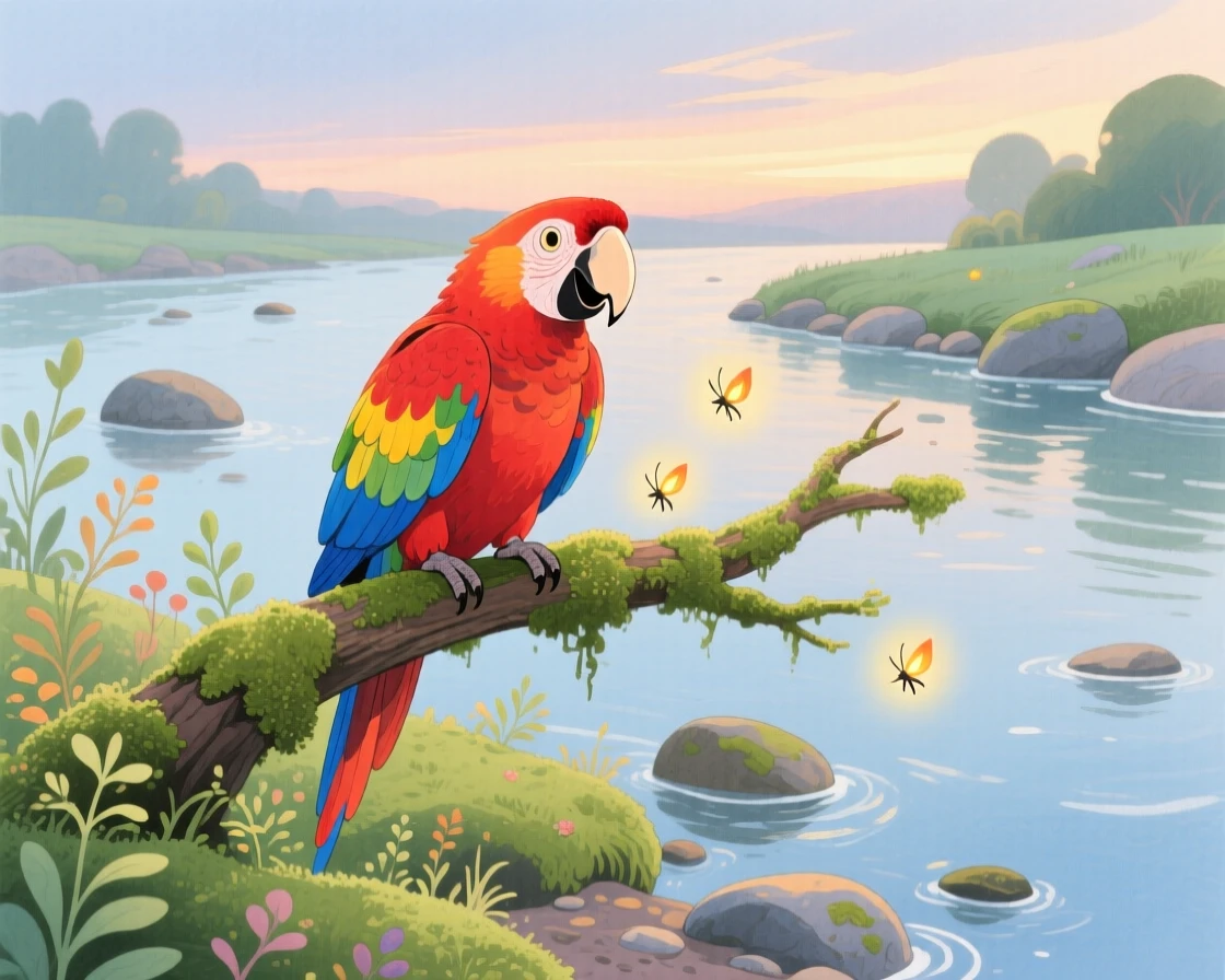A colorful parrot on a perch playing joyfully in a mossy riverbank as fireflies begin to glow.