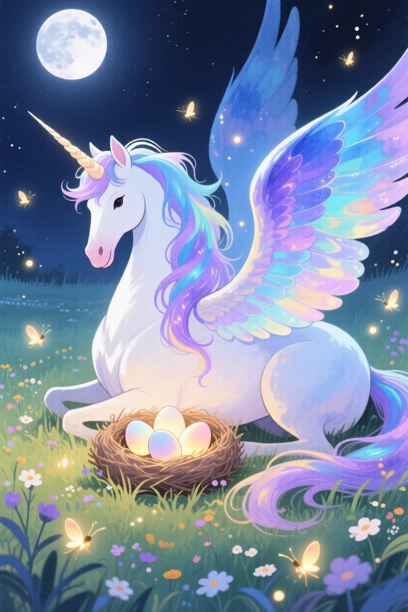 A majestic pegasus curling protectively around a nest of glowing eggs, in a moonlit meadow dotted with fireflies, brimming with magical warmth and beauty.