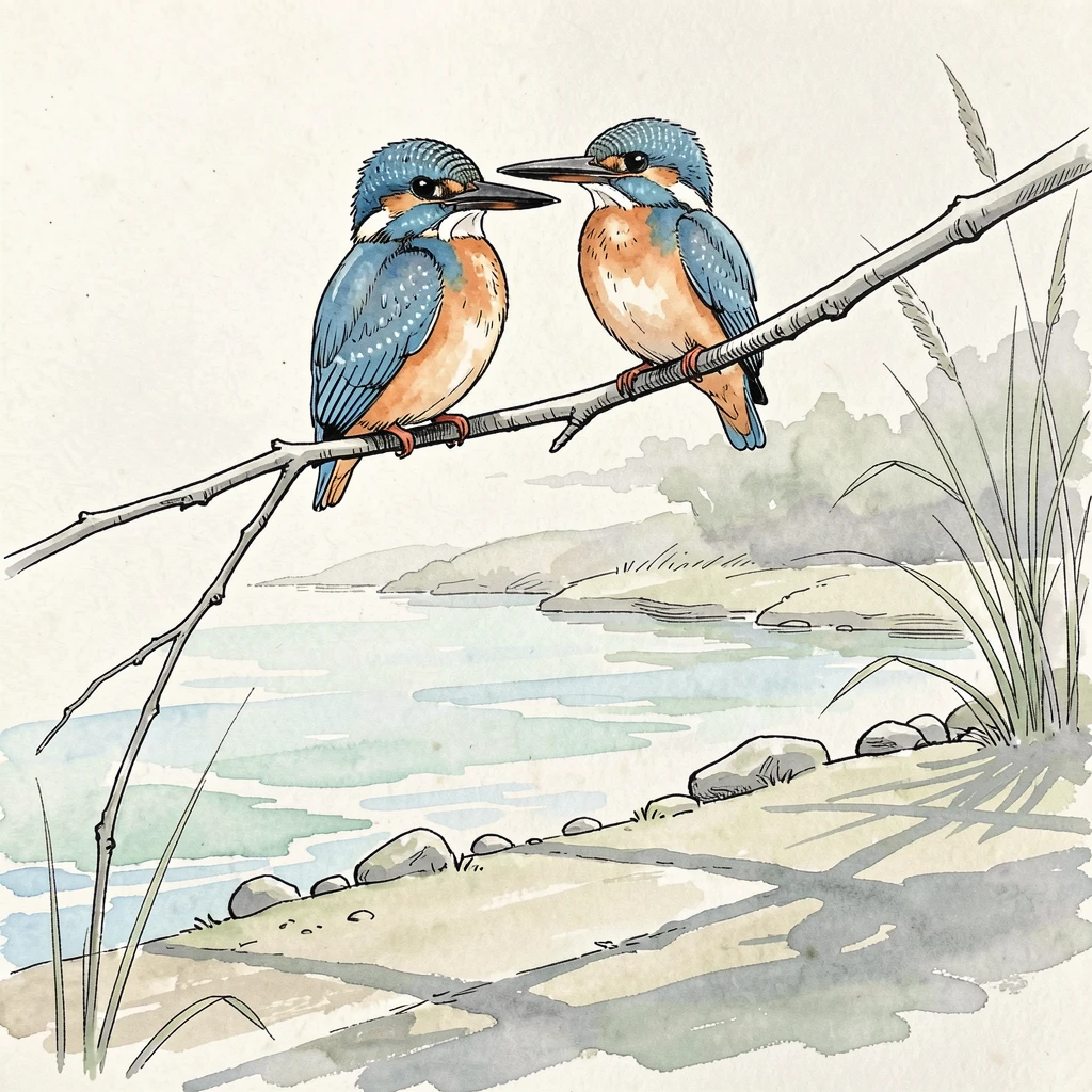A pair of kingfishers perched above a slow-moving stream, soft shadows stretching long across the ground.