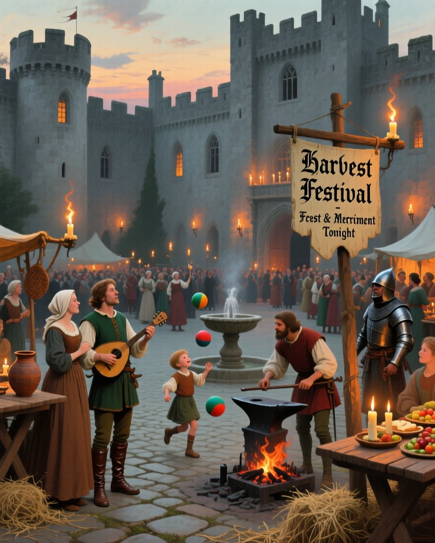 A grand medieval castle courtyard alive with a bustling festival, as warm candlelight or torchlight fills the surrounding space, offering a vivid window into a fascinating moment of human history