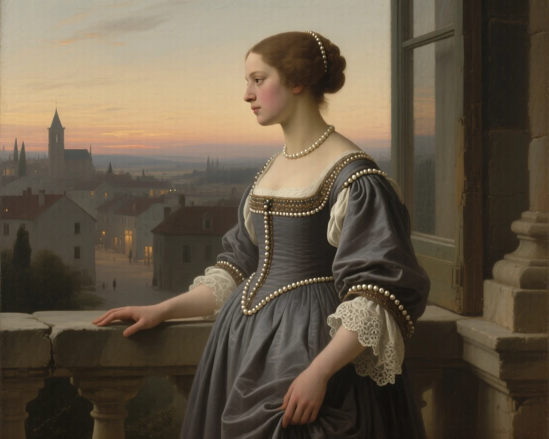 A young noblewoman in a pearl-trimmed gown, gazing thoughtfully out a window caught between one breath and the next, set on a stone balcony overlooking a quiet town at dusk, with soft light tracing the folds of fine fabric and delicate lace; the hands are given equal storytelling weight alongside the face, radiating warmth, humility, and lived experience.