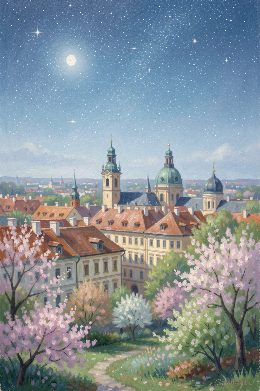 The colorful rooftops and church domes of Prague seen from a hillside garden in spring bloom, under a canopy of stars, evoking a sense of peace and quiet wonder.