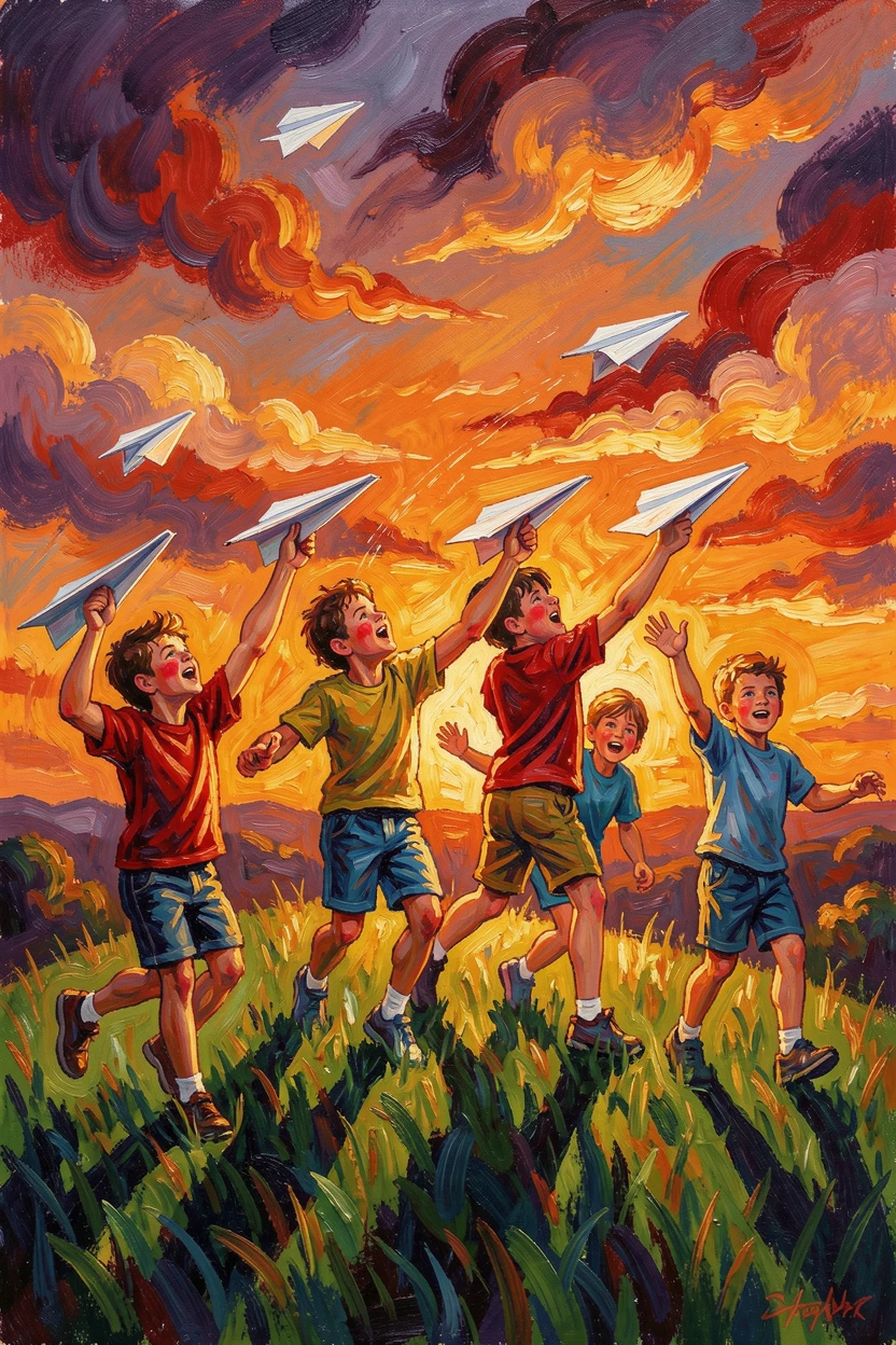 A group of children flying homemade paper airplanes off a hilltop at sunset.