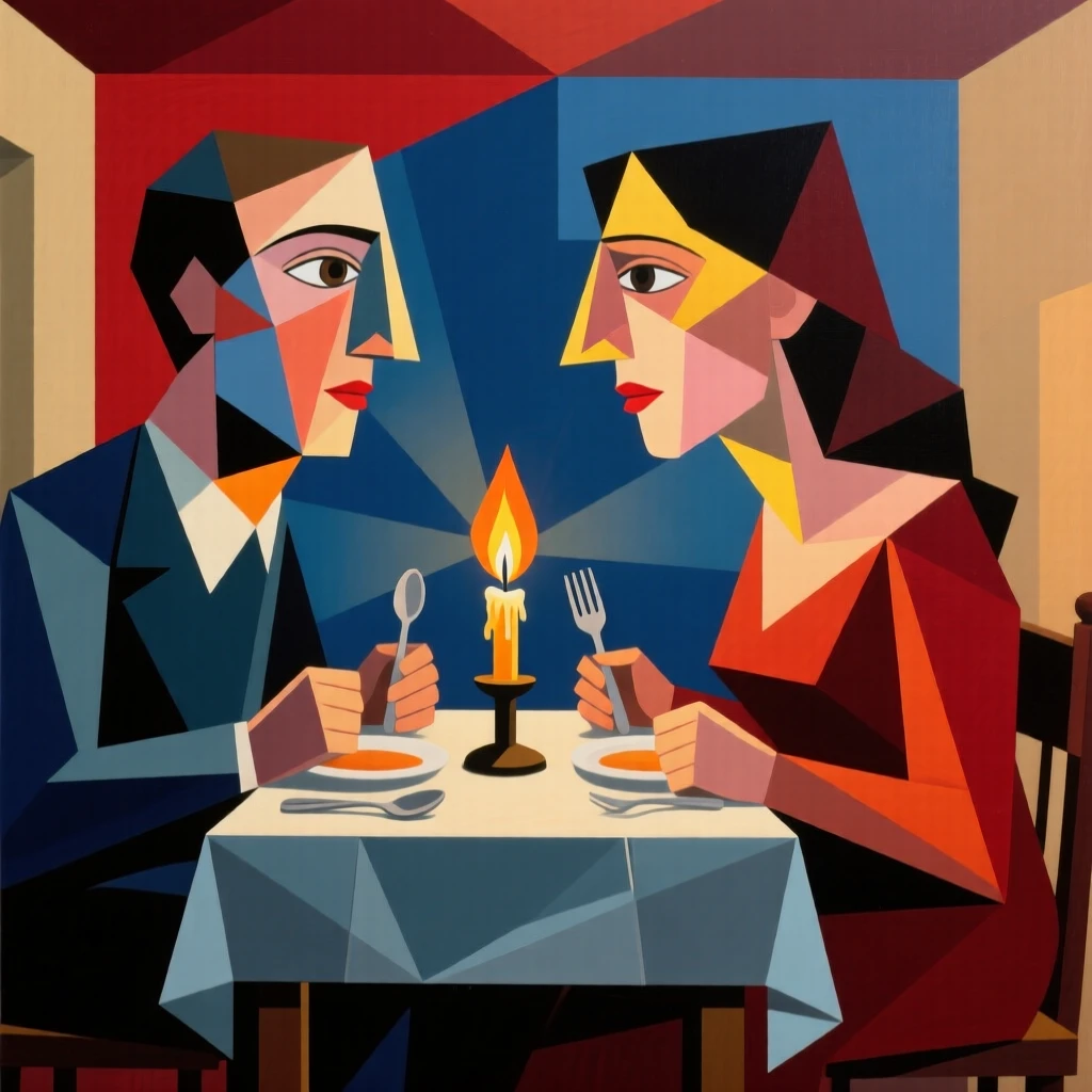 A couple sharing a quiet dinner at a tiny table lit by a single candle.