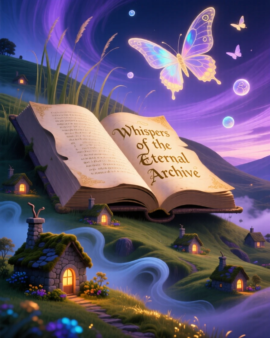 A massive book lying open on a hillside, its pages rustling like grass towers silently over a scattering of small stone cottages, as a soft mist curls around its enormous base.