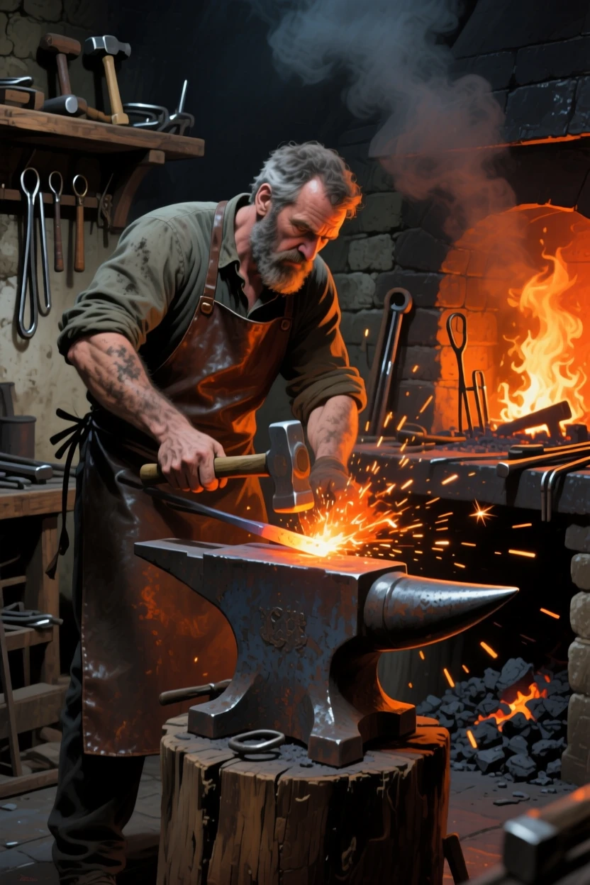 A skilled blacksmith hammers glowing metal on an anvil, sparks flying dramatically in a dimly lit forge illuminated by the fire's orange glow, the surrounding environment framing them naturally without overwhelming the human focus of the scene.