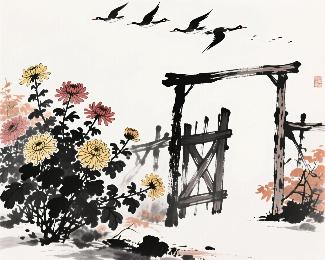 Chrysanthemums bloom late into the season beside a quiet garden gate, as geese pass overhead in the distance.