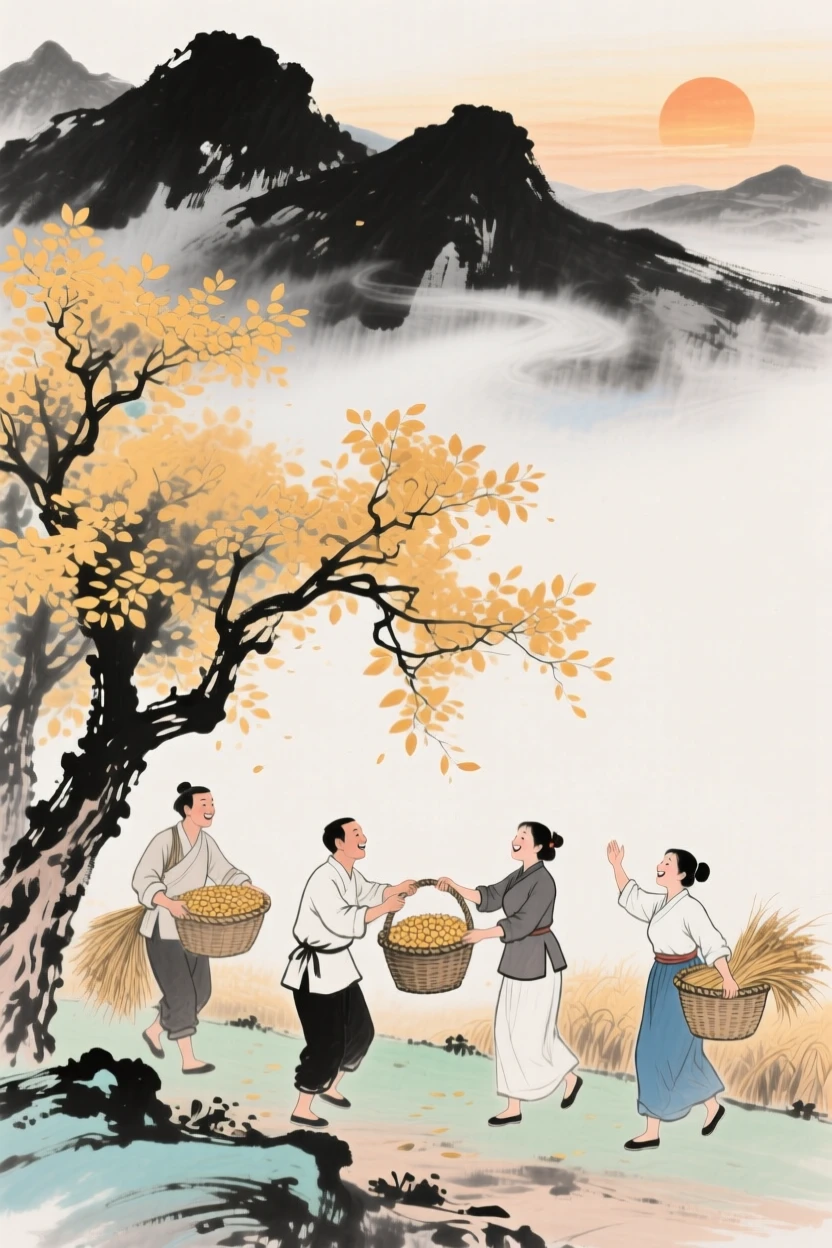 Farmers celebrating a bountiful harvest beneath golden autumn trees, as the sun sets behind distant peaks, radiating gentle serenity, through swirling morning fog.