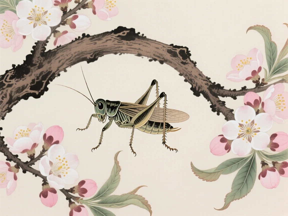 A cricket resting beneath a blooming plum tree
