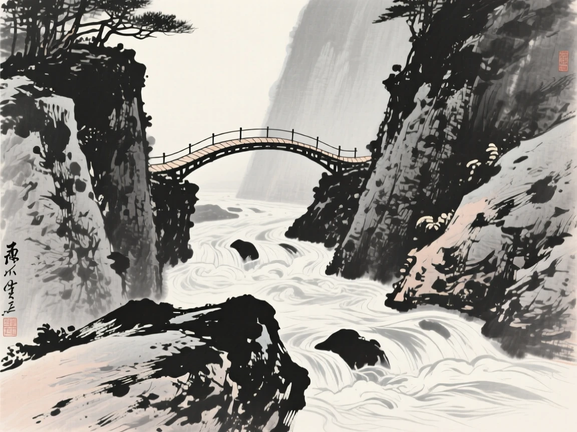 A narrow footbridge arching over a rushing mountain stream beneath towering rock walls softened by haze, framed low, with the foreground rocks leading the eye toward the distance, suggesting the quiet vastness of the natural world.