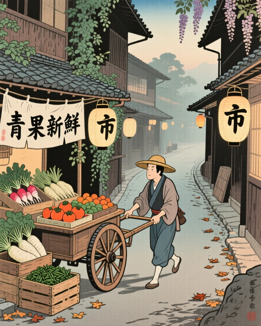 A farmers market stall gliding down a narrow lantern-lit alley.