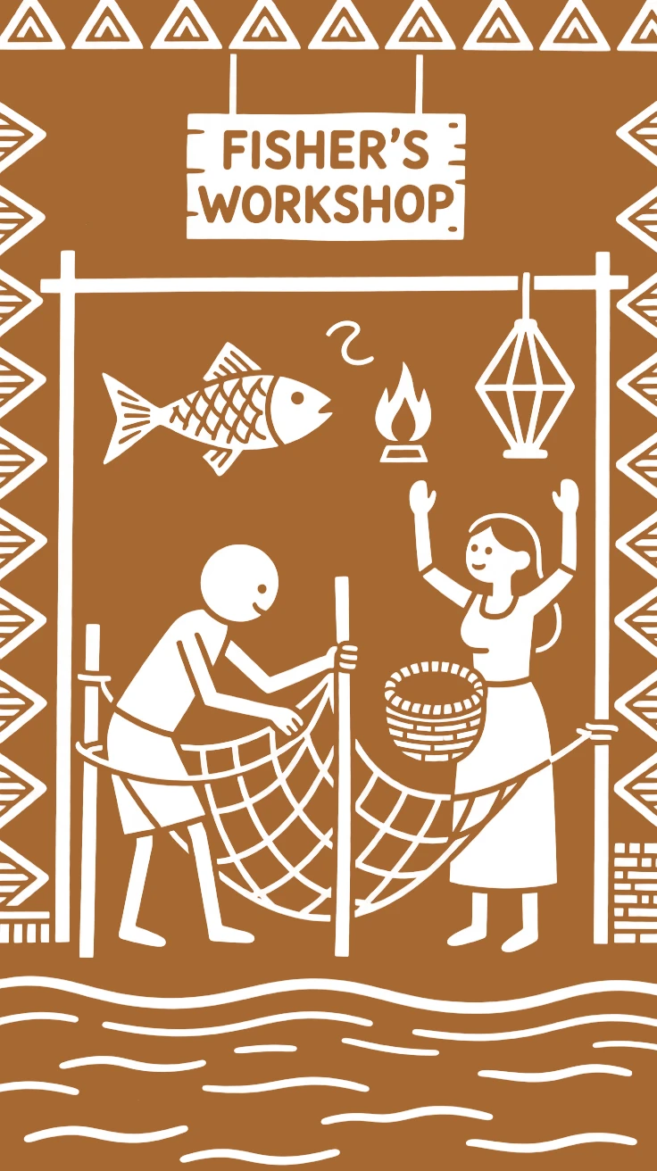 A fisherman working alongside a spouse in a small workshop.