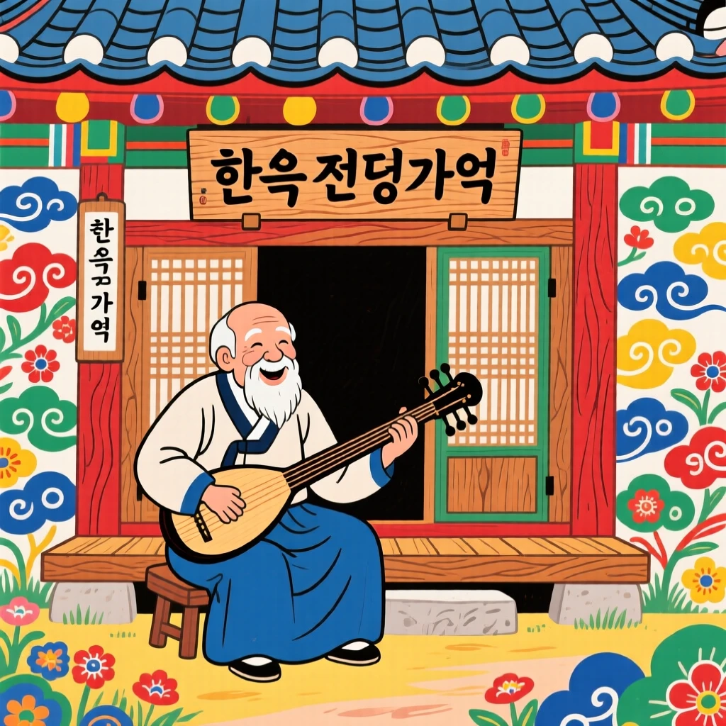 An elderly man playing a traditional string instrument, in front of a traditional wooden house.