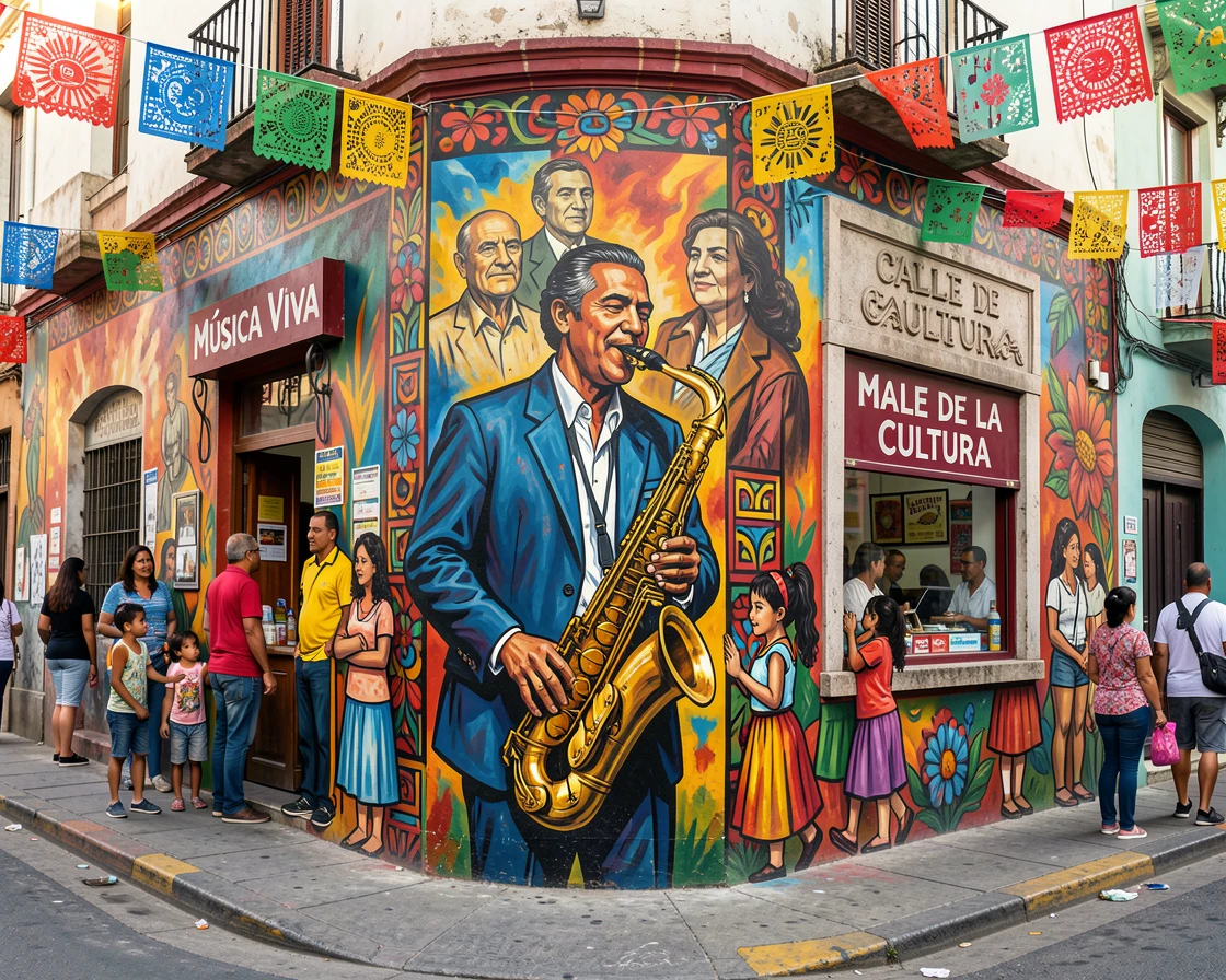 A jazz musician playing saxophone on a city street corner