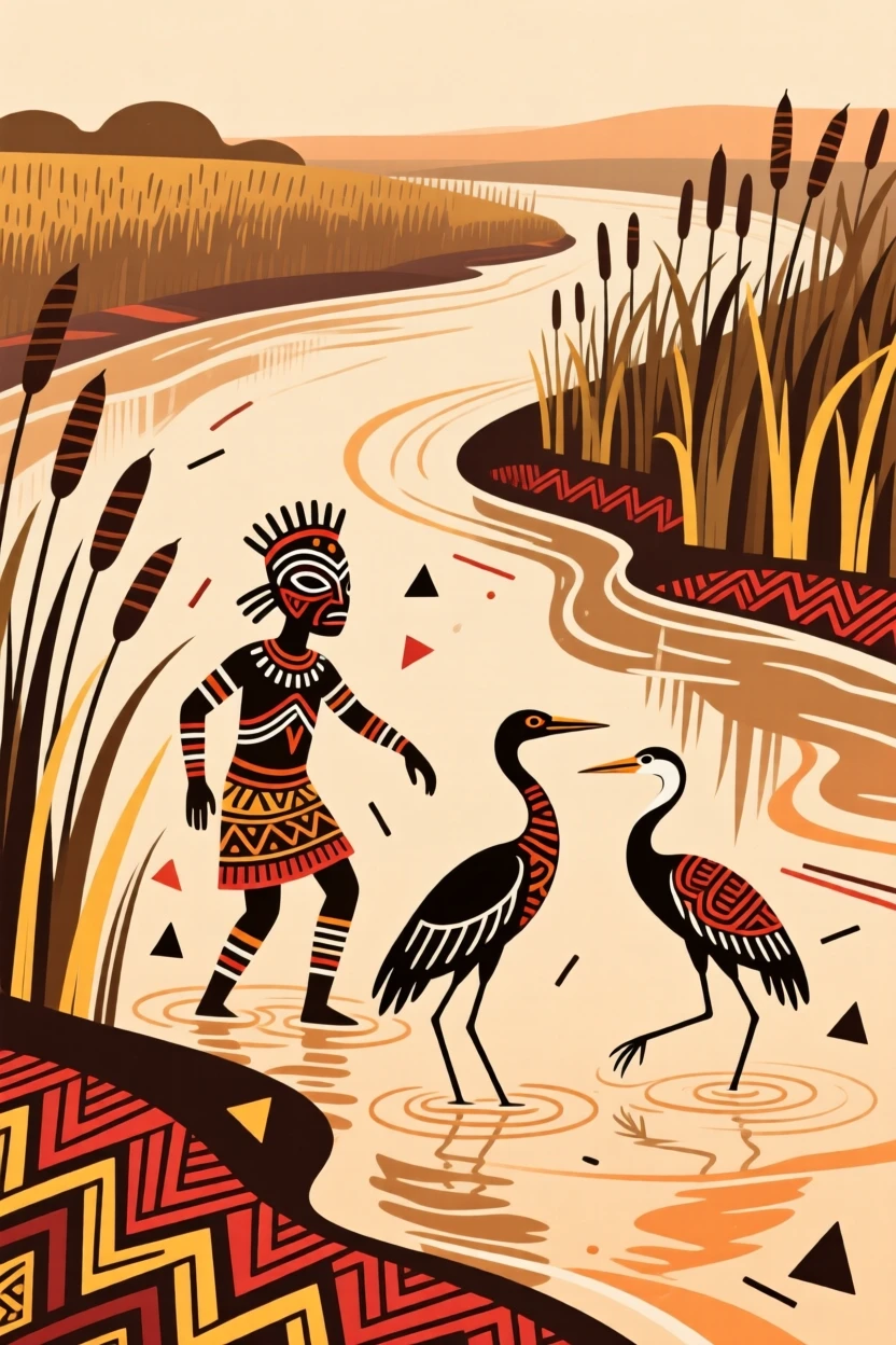 A tranquil river bend lined with reeds and wading birds.