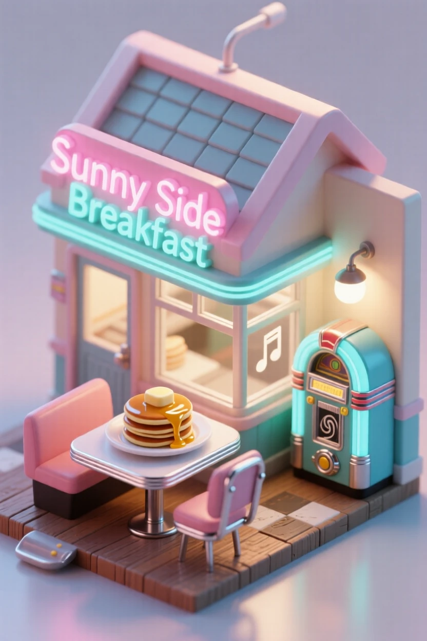 A charming breakfast diner with a neon sign glowing, stacks of pancakes dripping syrup, and a jukebox playing softly in the corner.