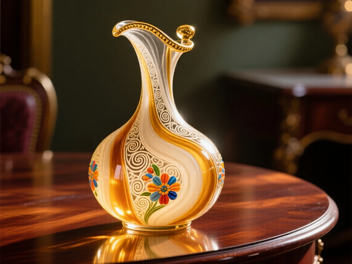 A crystal decanter catching golden light on a polished wooden table, elegant and refined.