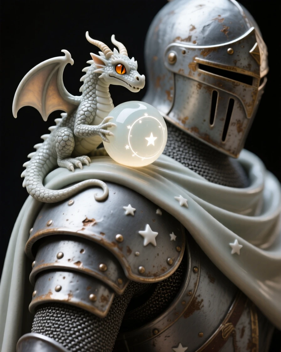 A tiny dragon perched on a knight's shoulder coiled protectively around a glowing orb, haloed by a faint circle of starlight, capturing the enchantment of forgotten legend.