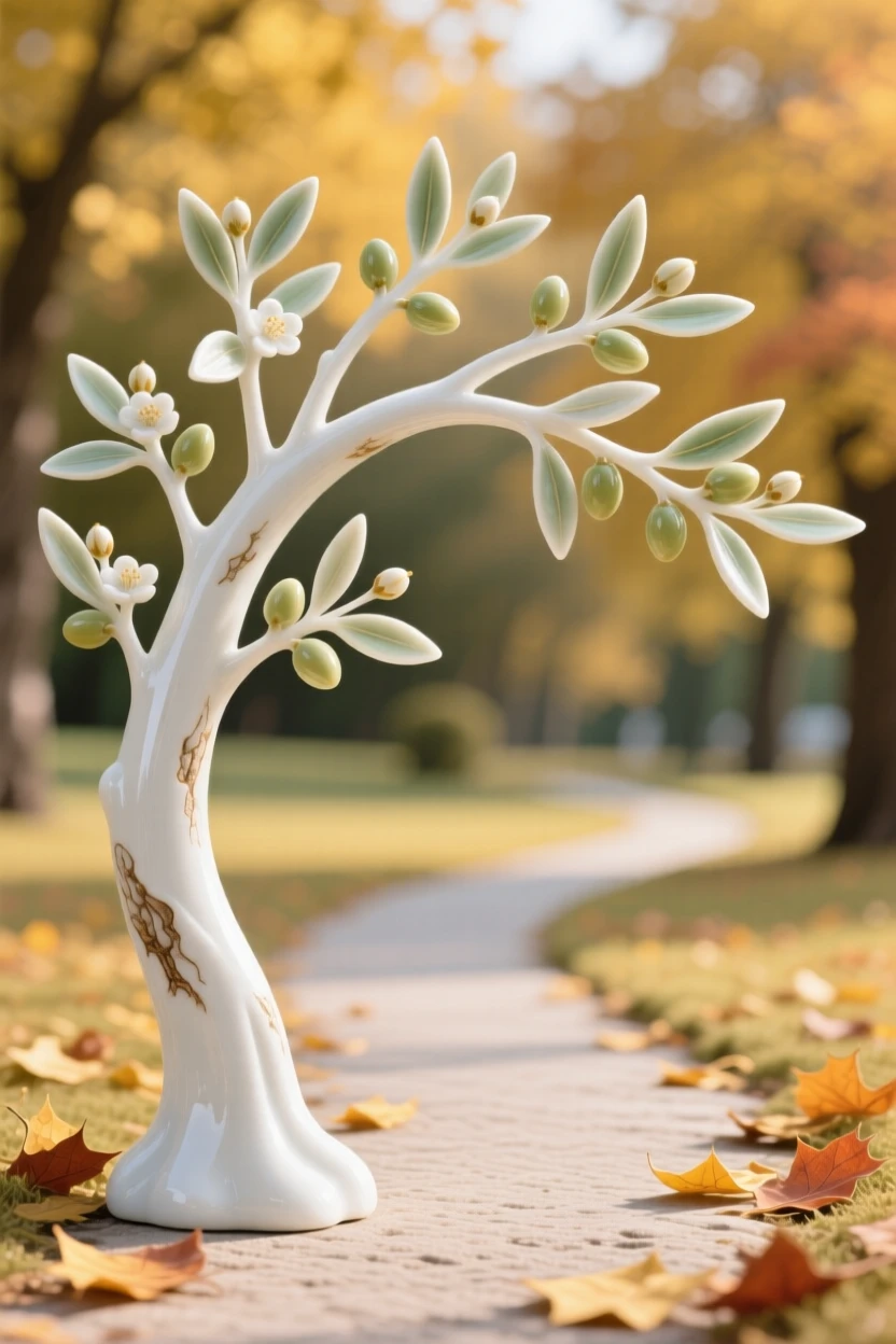 A blossoming olive tree arching gracefully over a quiet path in a golden autumn park.