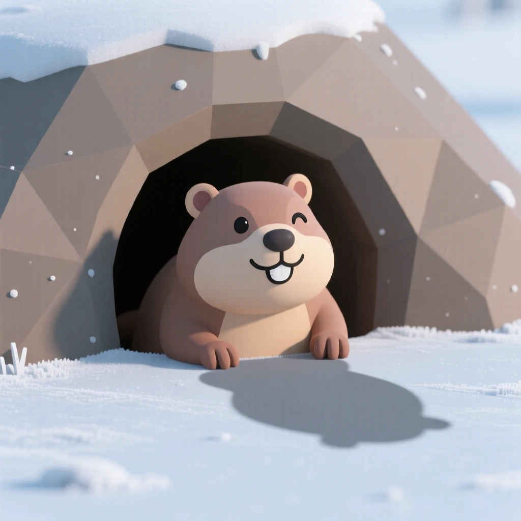 A cheerful groundhog peeks out of its burrow, squinting curiously at its own shadow on a frosty morning.
